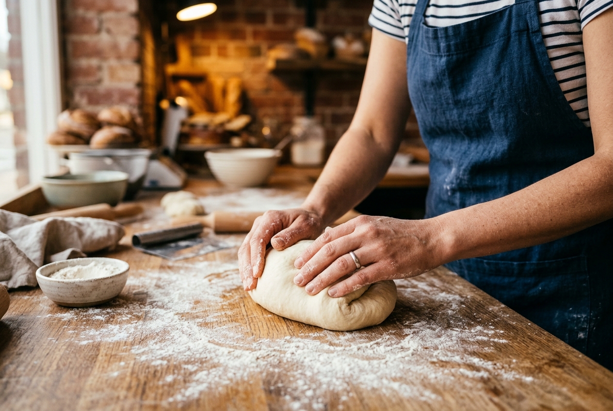 Female baker kneading dough