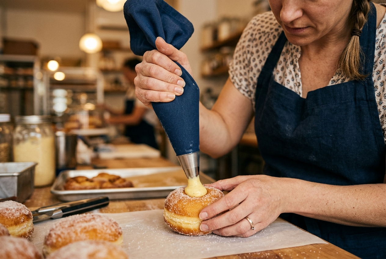 Female baker piping custard into bomboloni